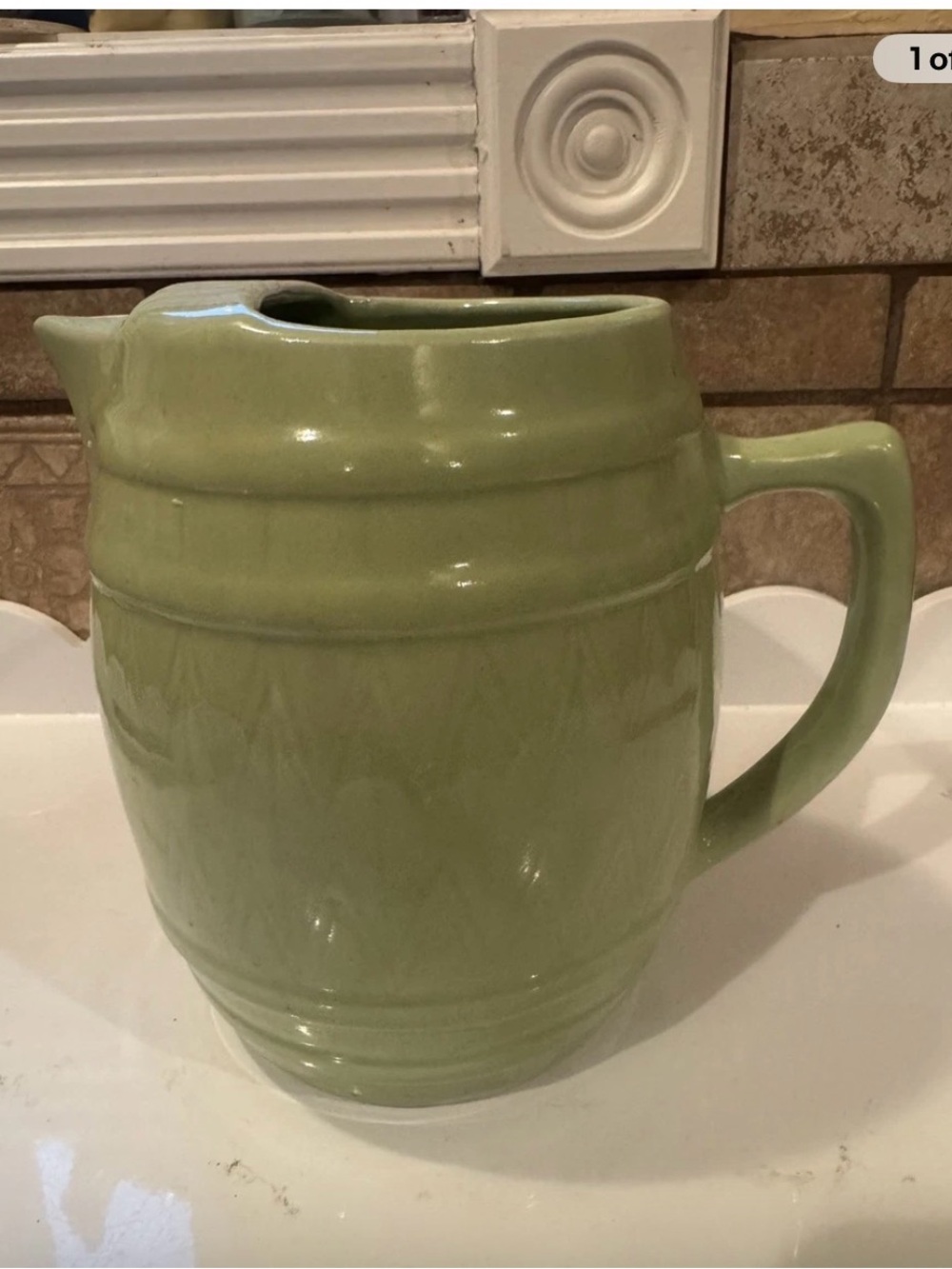 Vintage Barrel Banded Beer Water Pitcher Decanter Jug - Green Ceramic/Stoneware